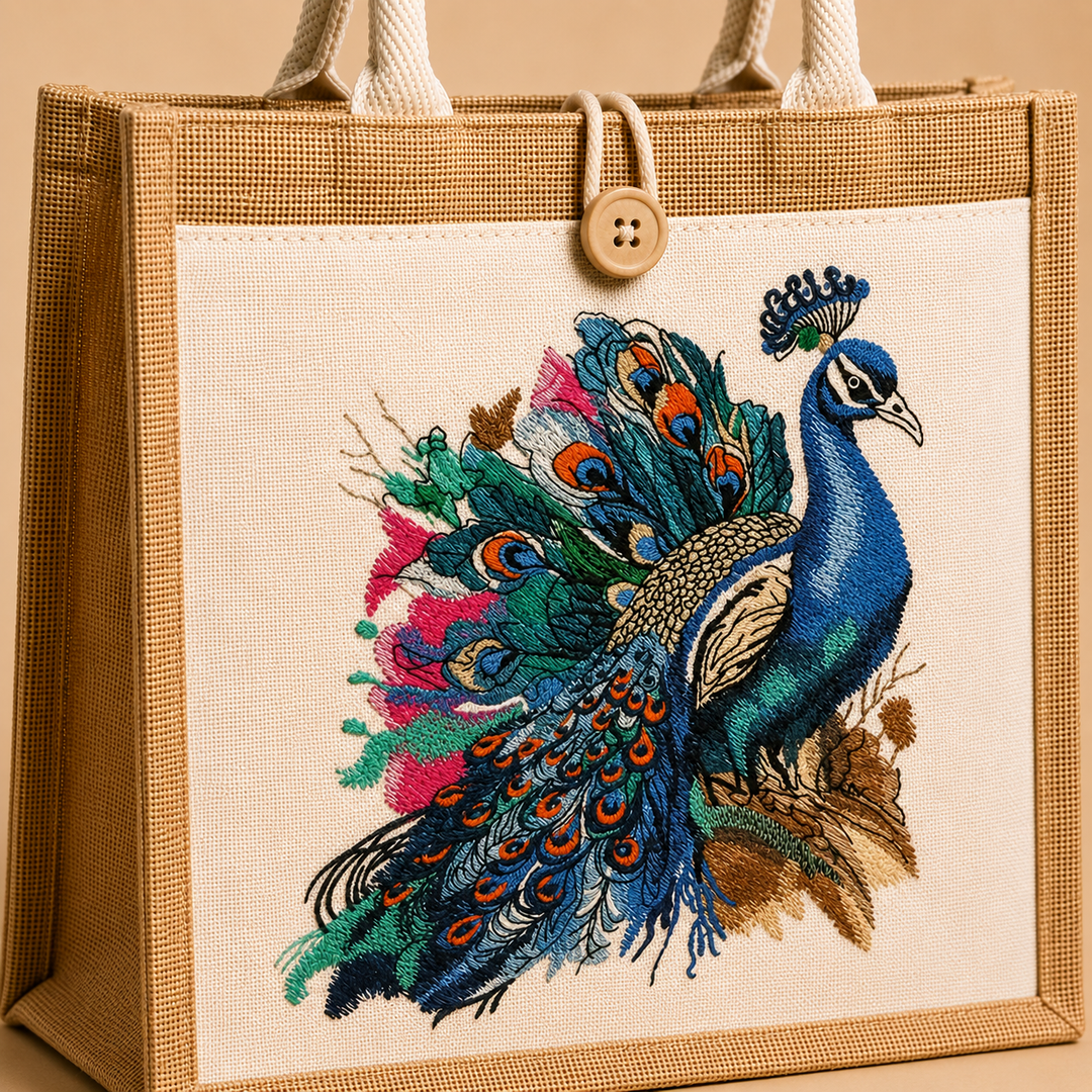 Tote bag with a colorful peacock design on a beige background