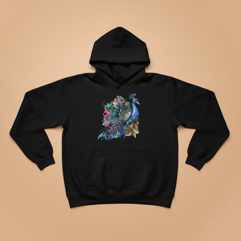 Majestic Peacock Machine Embroidered Hoodie – Hand Finished in Dubai | EmbroMania