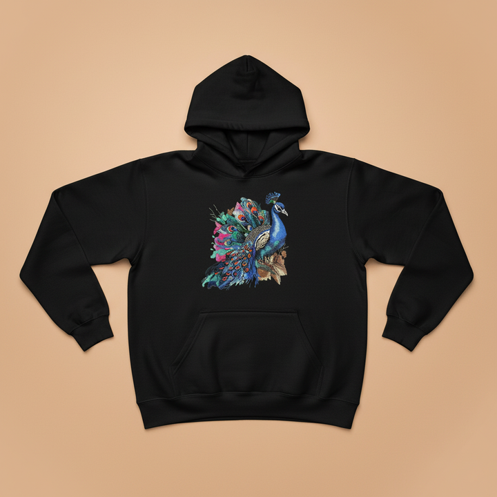 Majestic Peacock Machine Embroidered Hoodie – Hand Finished in Dubai | EmbroMania