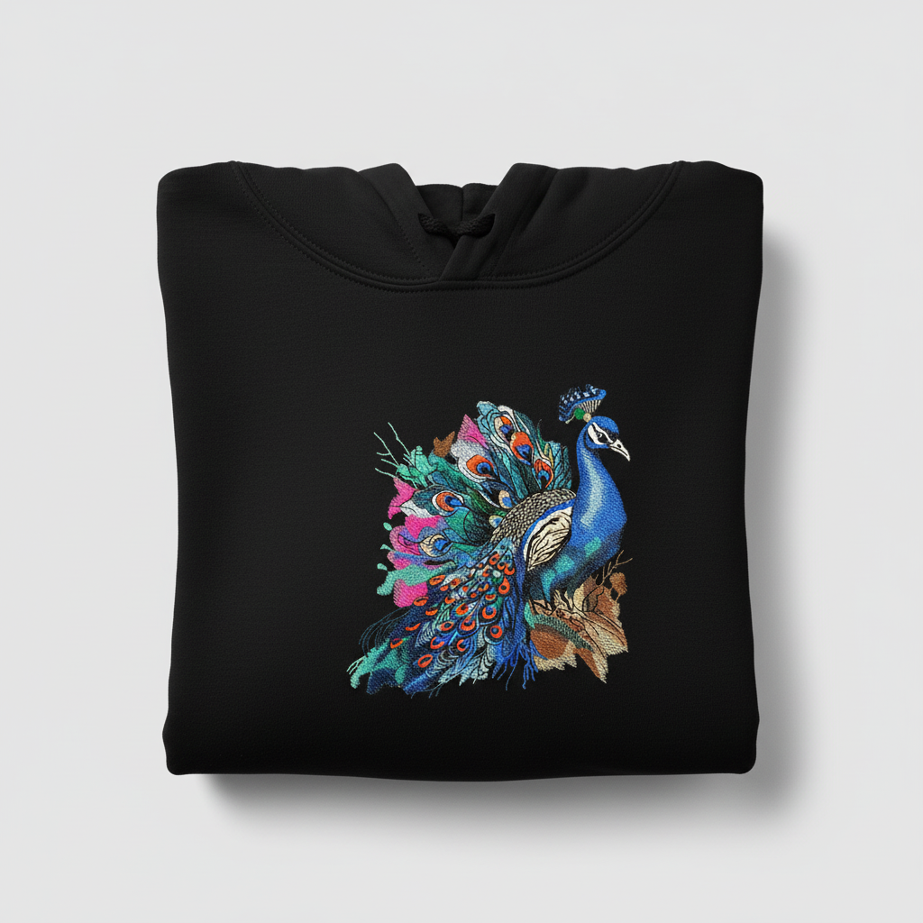 Majestic Peacock Machine Embroidered Hoodie – Hand Finished in Dubai | EmbroMania