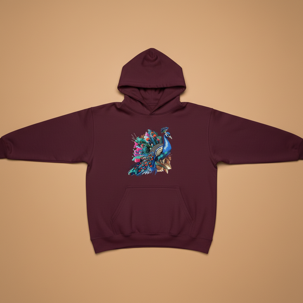 Majestic Peacock Machine Embroidered Hoodie – Hand Finished in Dubai | EmbroMania