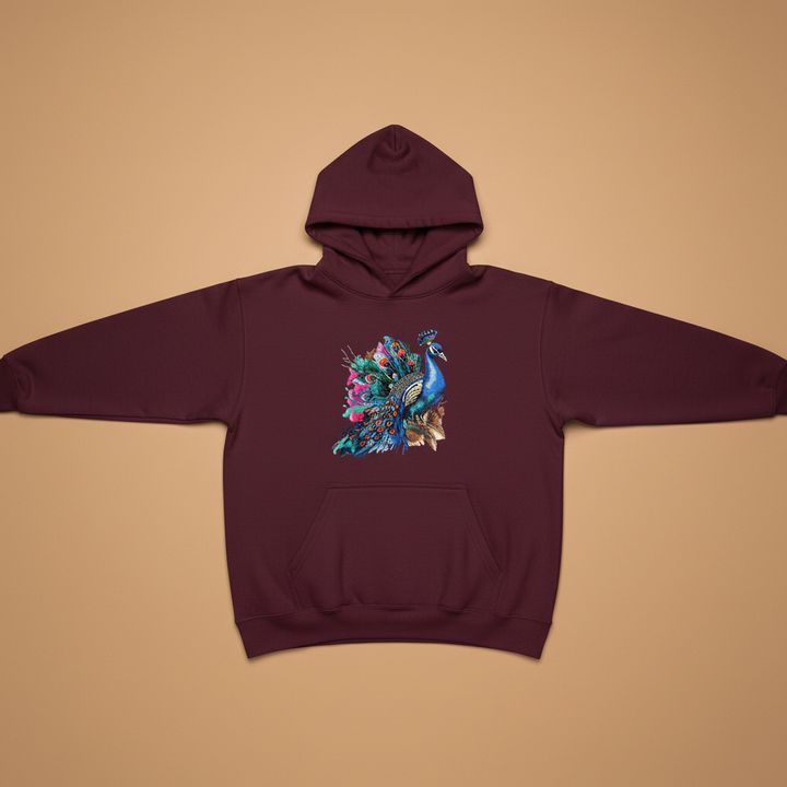 Majestic Peacock Machine Embroidered Hoodie – Hand Finished in Dubai | EmbroMania