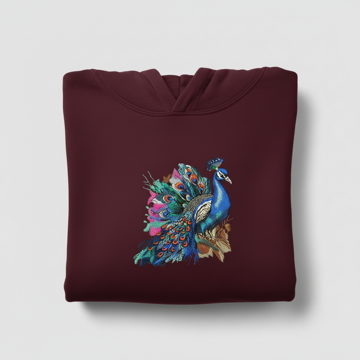 Majestic Peacock Machine Embroidered Hoodie – Hand Finished in Dubai | EmbroMania