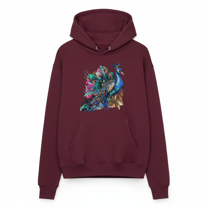 Majestic Peacock Machine Embroidered Hoodie – Hand Finished in Dubai | EmbroMania