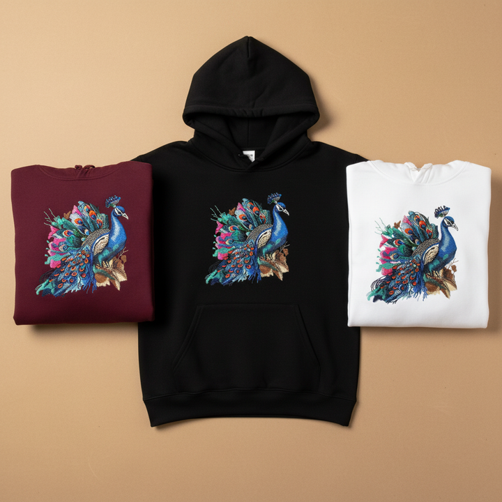 Majestic Peacock Machine Embroidered Hoodie – Hand Finished in Dubai | EmbroMania