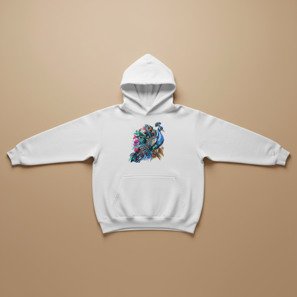 Majestic Peacock Machine Embroidered Hoodie – Hand Finished in Dubai | EmbroMania