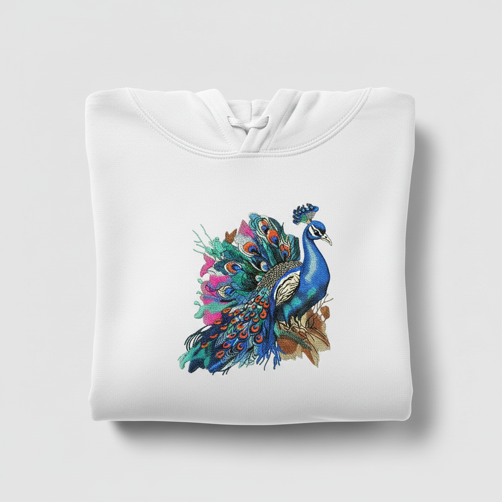 Majestic Peacock Machine Embroidered Hoodie – Hand Finished in Dubai | EmbroMania