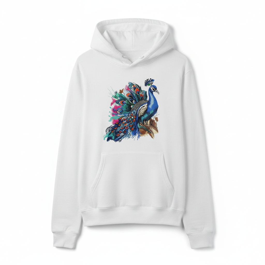 Majestic Peacock Machine Embroidered Hoodie – Hand Finished in Dubai | EmbroMania