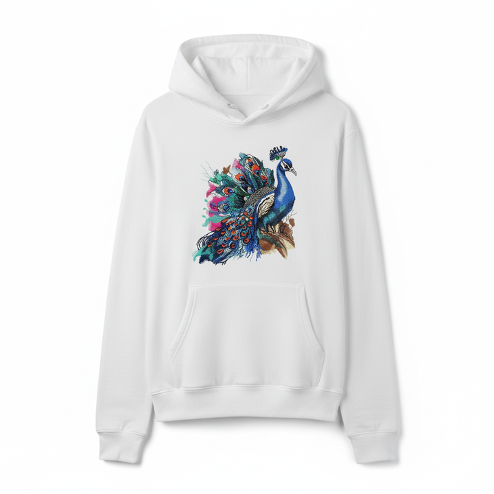 Majestic Peacock Machine Embroidered Hoodie – Hand Finished in Dubai | EmbroMania
