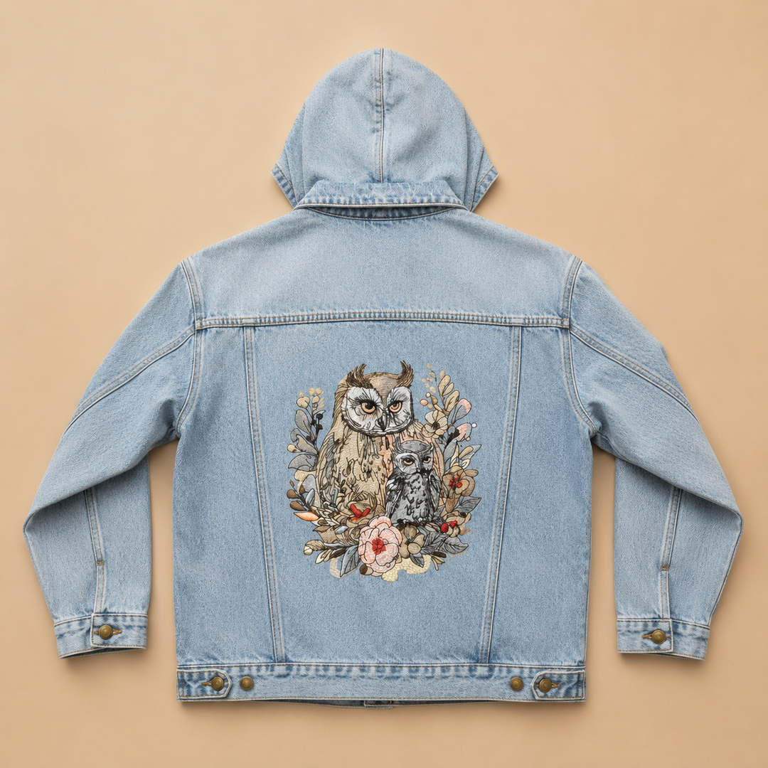 Mama Baby Owl – Denim Hoodie Jacket Mockup | Hand Finished in Dubai