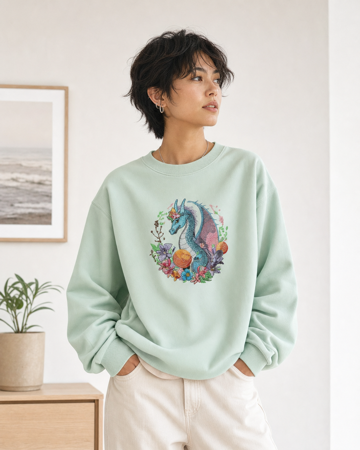 Blue Dragon Floral Machine Embroidered Sweatshirt – Hand Finished in Dubai | EmbroMania