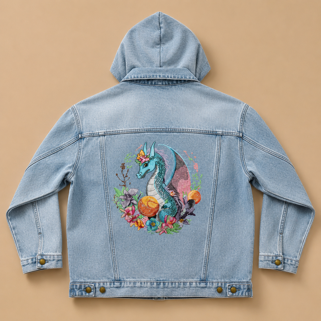 Midnight Garden Dragon – Denim Hoodie Jacket Mockup | Hand Finished in Dubai