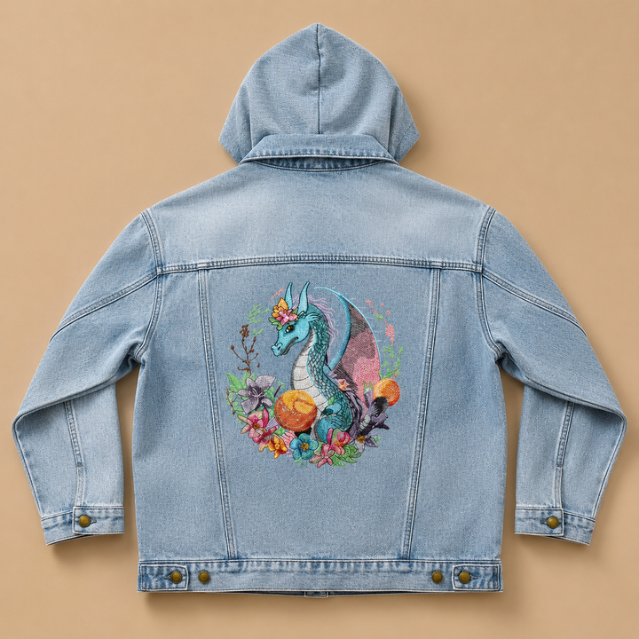 Midnight Garden Dragon – Denim Hoodie Jacket Mockup | Hand Finished in Dubai