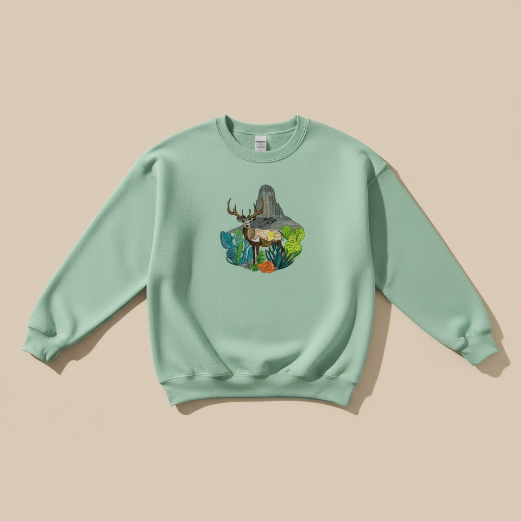 Adventure Edition Desert Deer Landscape — Premium Embroidered Sweatshirt | Original EmbroMania Design