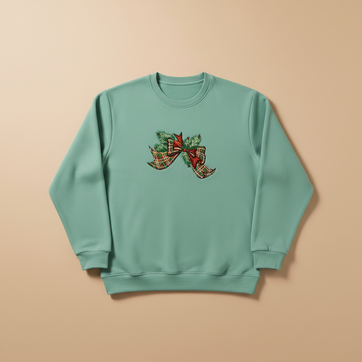 Tartan Ribbon &amp; Evergreen Bow — Premium Embroidered Collection | Hoodie • Sweatshirt • Jute Tote | Original EmbroMania Design
