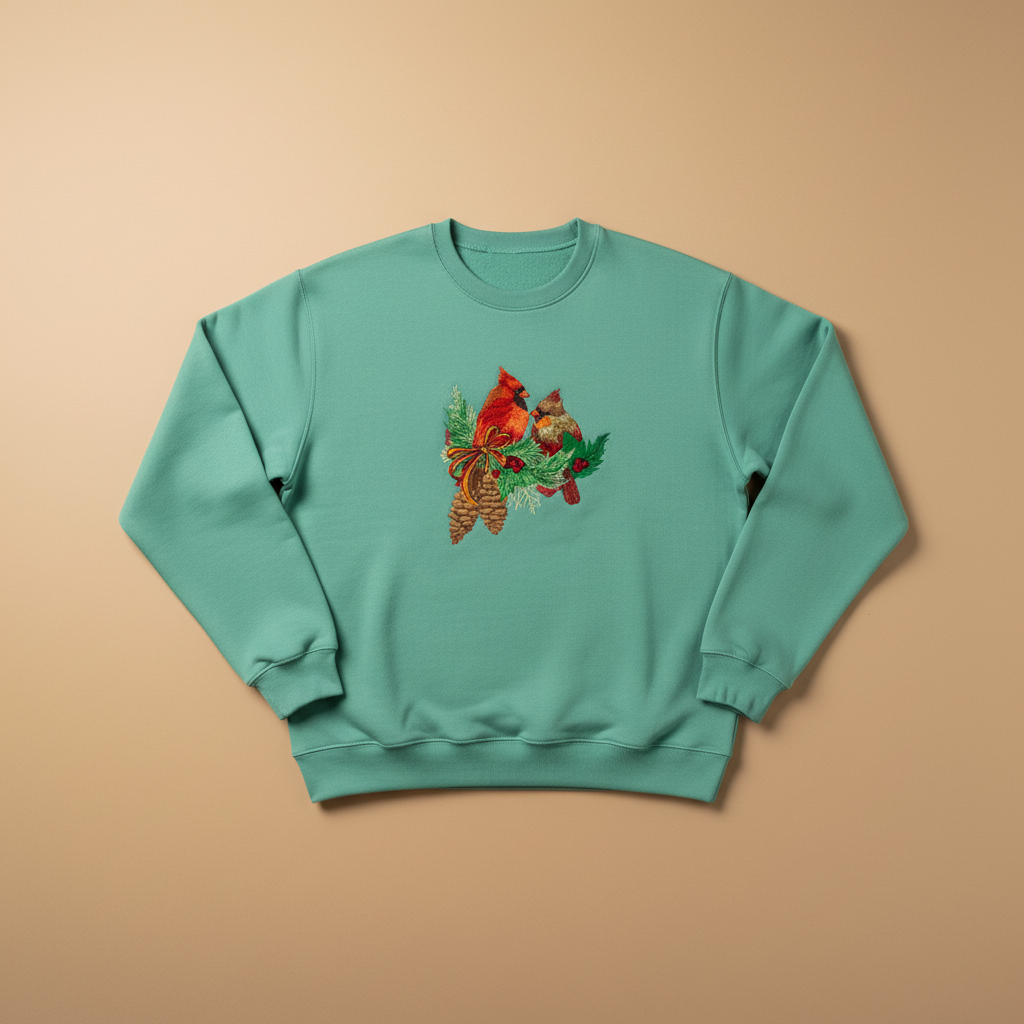 Cardinal Pair with Pinecones — Premium Embroidered Collection | Hoodie • Sweatshirt • Jute Tote | Original EmbroMania Design