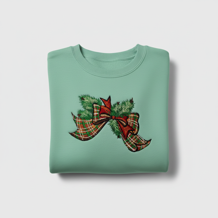Tartan Ribbon &amp; Evergreen Bow — Premium Embroidered Collection | Hoodie • Sweatshirt • Jute Tote | Original EmbroMania Design