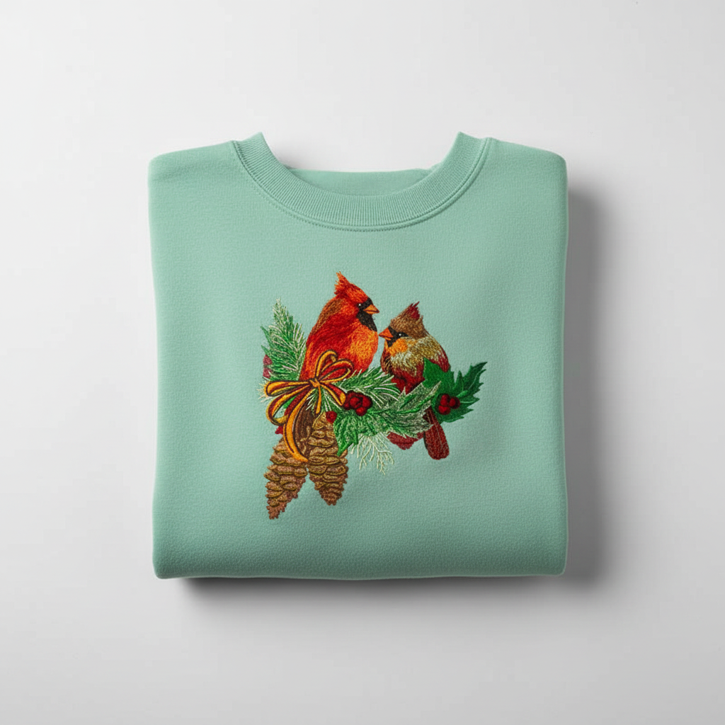 Cardinal Pair with Pinecones — Premium Embroidered Collection | Hoodie • Sweatshirt • Jute Tote | Original EmbroMania Design