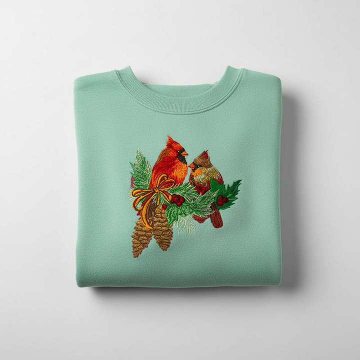 Cardinal Pair with Pinecones — Premium Embroidered Collection | Hoodie • Sweatshirt • Jute Tote | Original EmbroMania Design