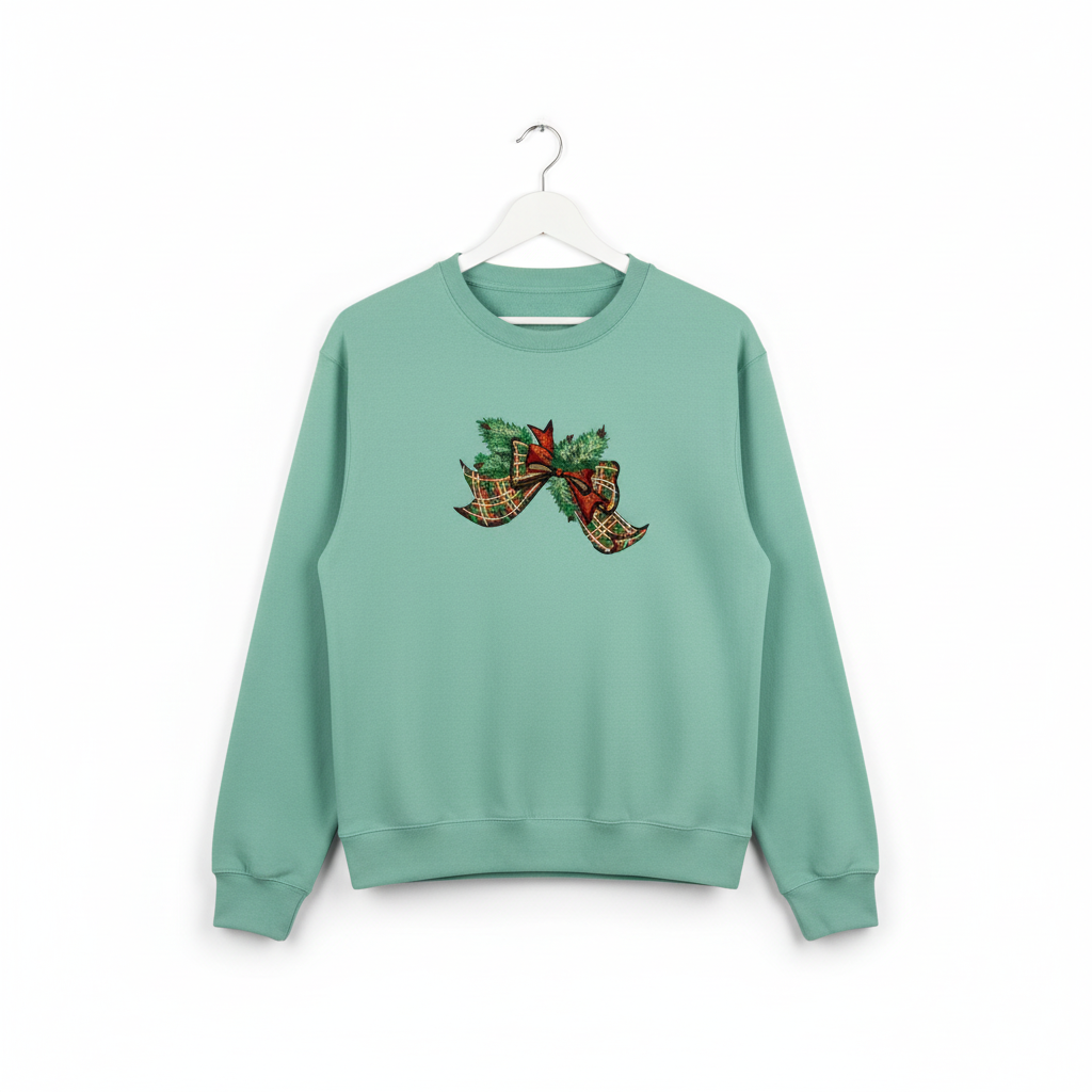 Tartan Ribbon &amp; Evergreen Bow — Premium Embroidered Collection | Hoodie • Sweatshirt • Jute Tote | Original EmbroMania Design