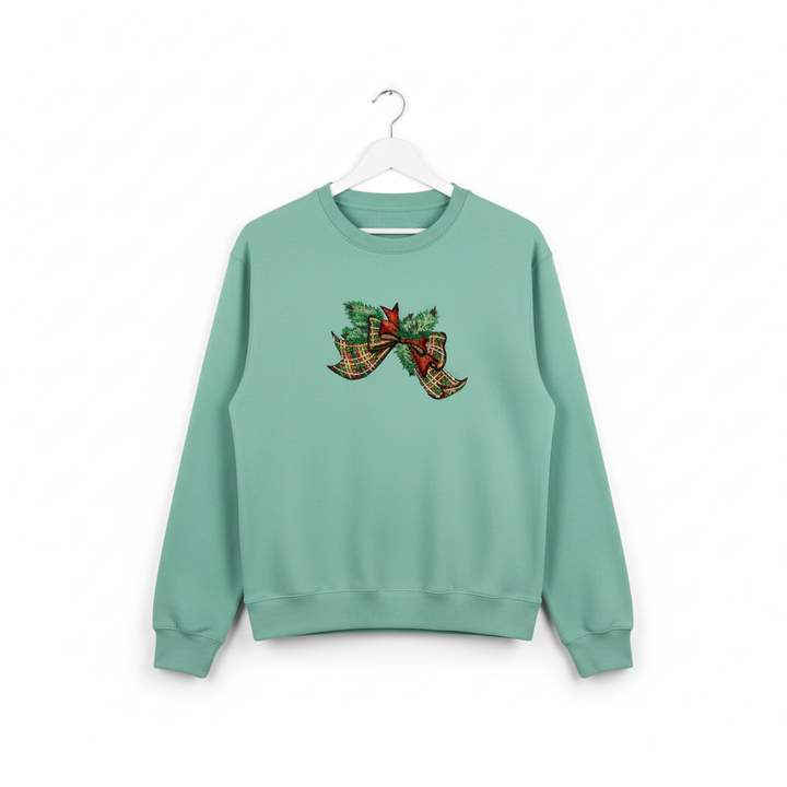 Tartan Ribbon &amp; Evergreen Bow — Premium Embroidered Collection | Hoodie • Sweatshirt • Jute Tote | Original EmbroMania Design