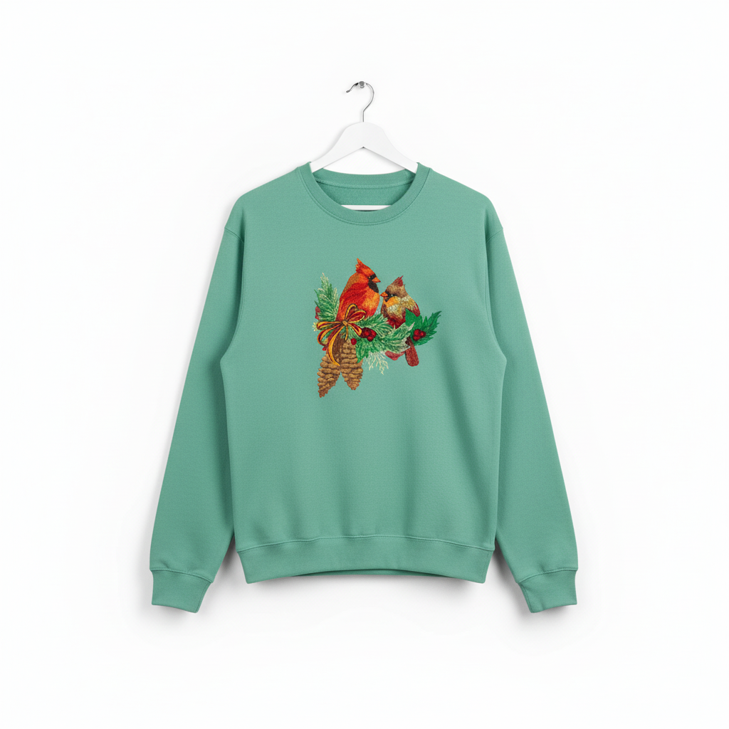 Cardinal Pair with Pinecones — Premium Embroidered Collection | Hoodie • Sweatshirt • Jute Tote | Original EmbroMania Design