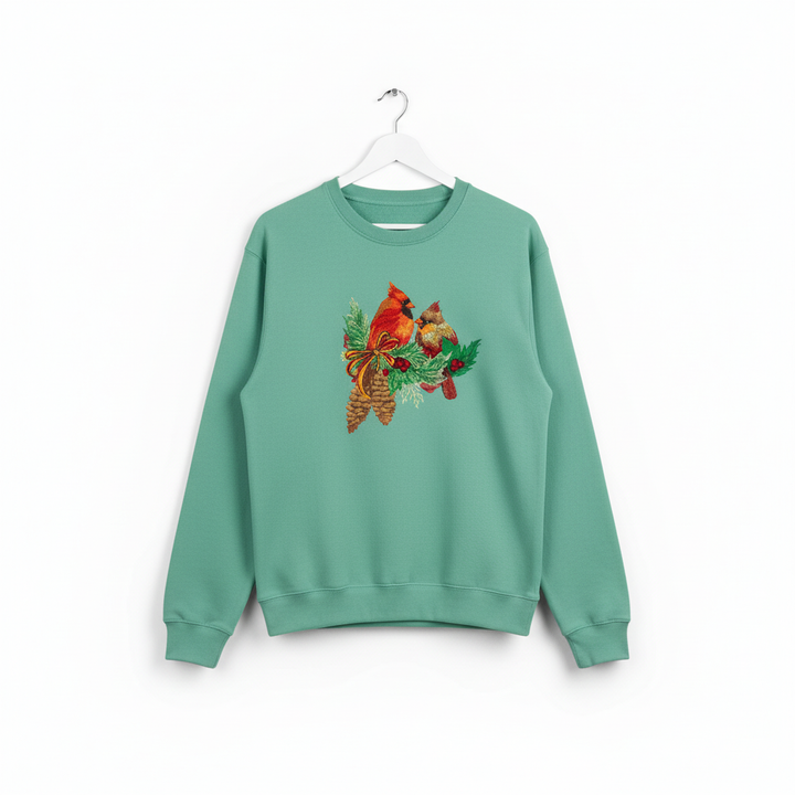 Cardinal Pair with Pinecones — Premium Embroidered Collection | Hoodie • Sweatshirt • Jute Tote | Original EmbroMania Design