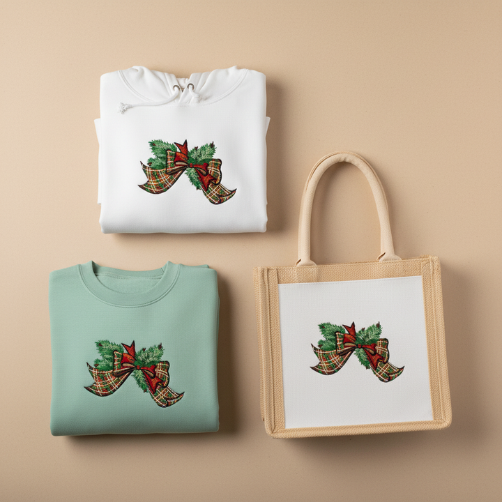 Tartan Ribbon &amp; Evergreen Bow — Premium Embroidered Collection | Hoodie • Sweatshirt • Jute Tote | Original EmbroMania Design