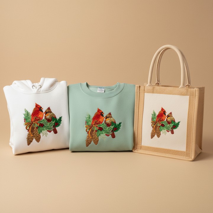 Cardinal Pair with Pinecones — Premium Embroidered Collection | Hoodie • Sweatshirt • Jute Tote | Original EmbroMania Design