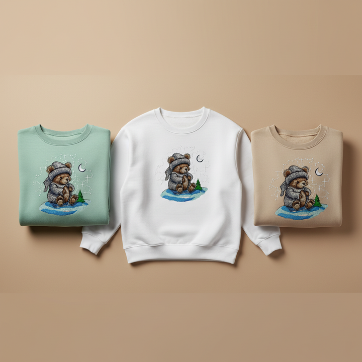 Cozy Moonlit Bear — Premium Embroidered Sweatshirt | Original EmbroMania Design