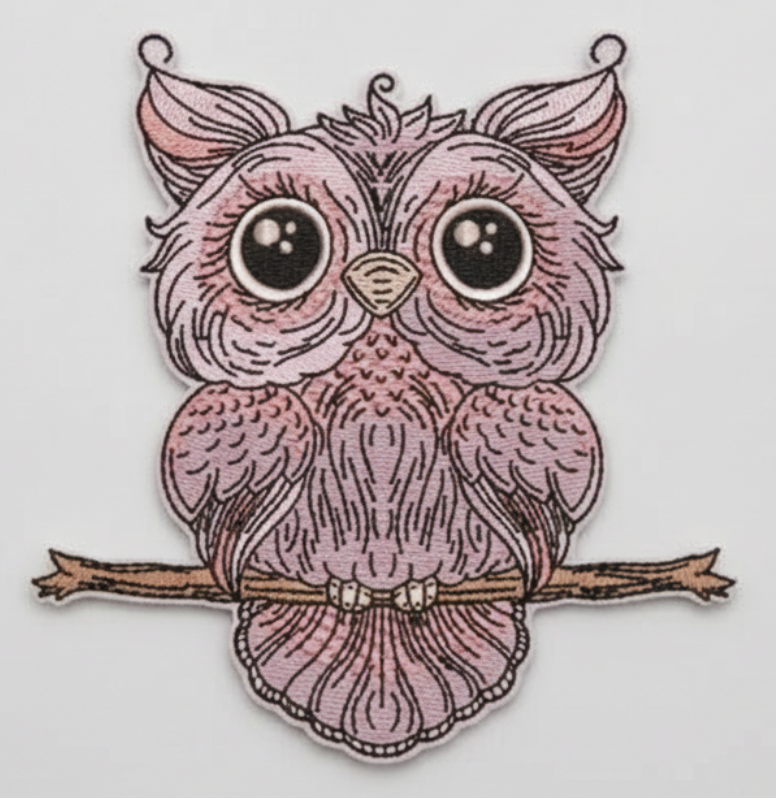 Pink owl sitting on a branch with intricate detailing on a white background