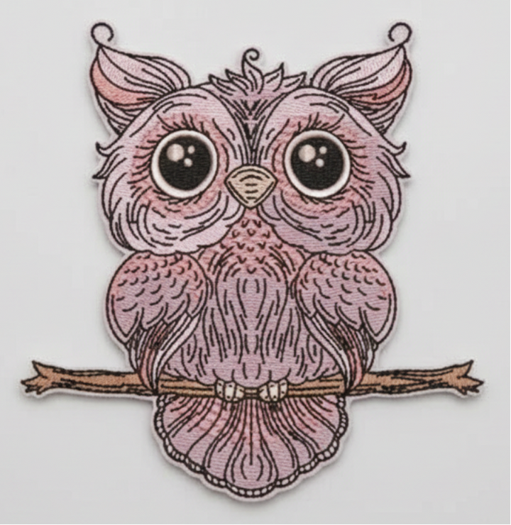 Pink owl sitting on a branch with intricate detailing on a white background