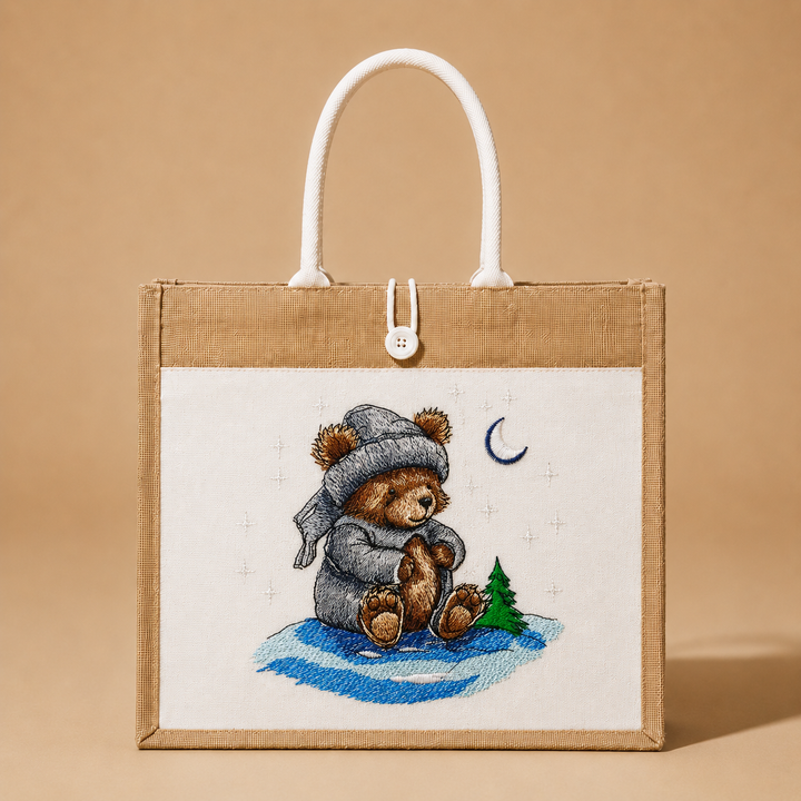 Jute bag with embroidered bear design on a beige background