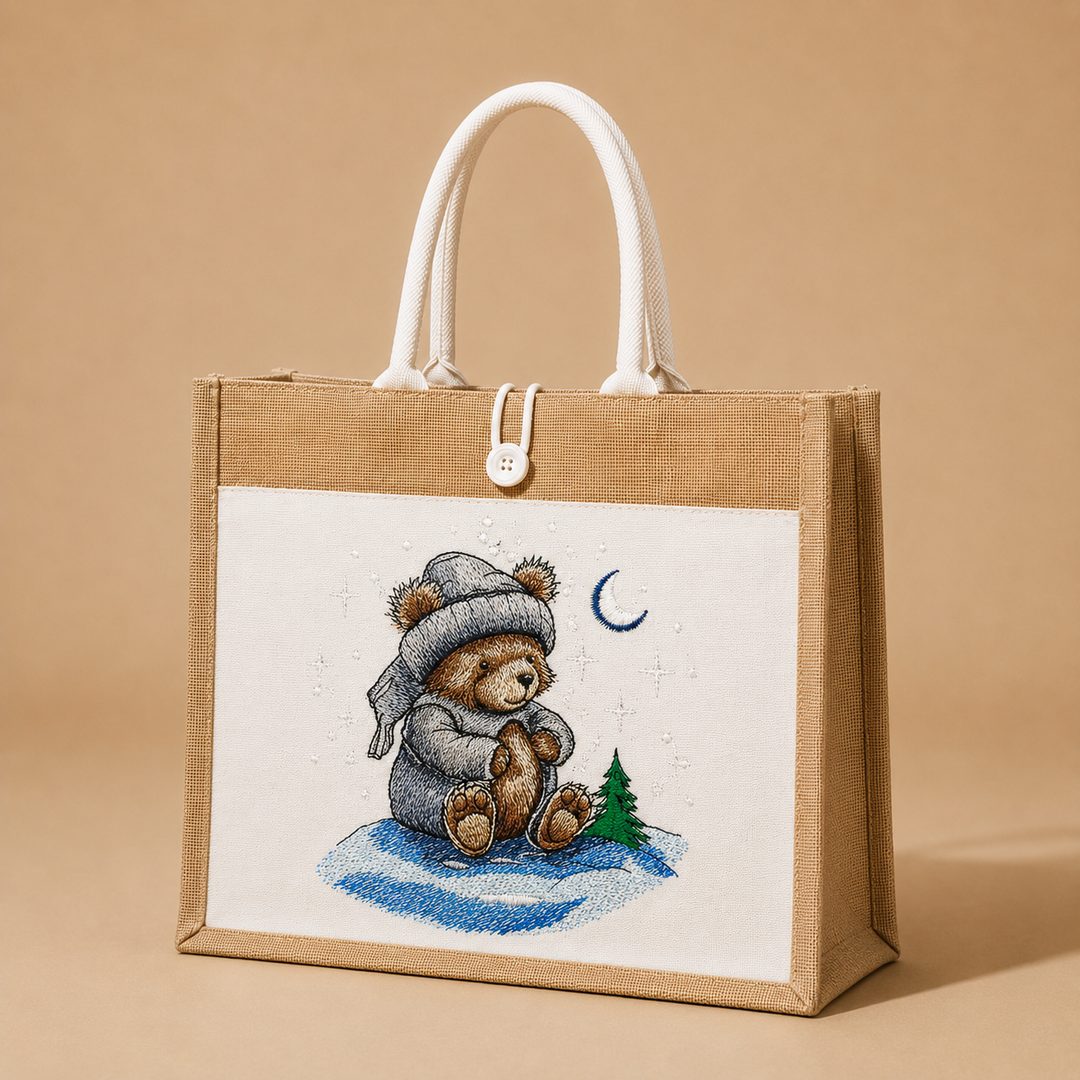 Tote bag with embroidered bear design on a beige background