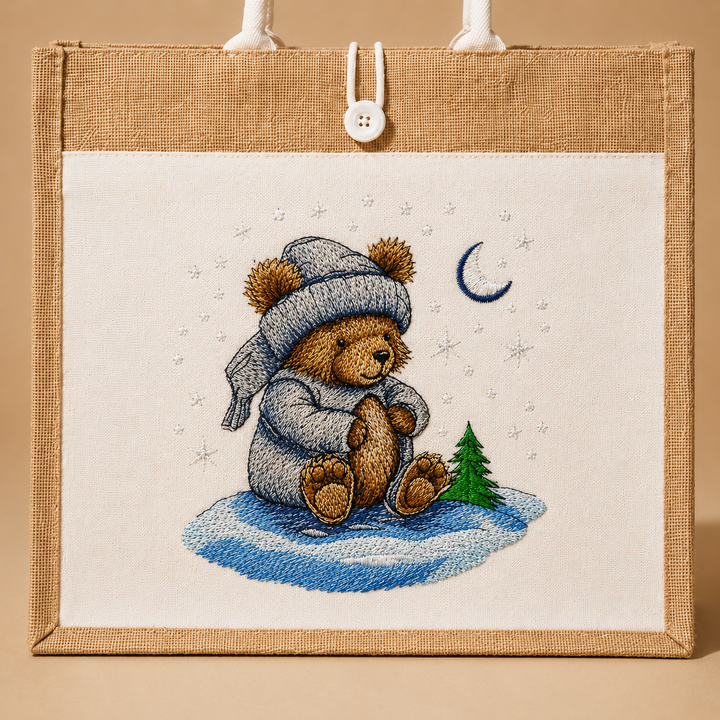 Embroidered picture of a teddy bear in a winter hat with a small tree and moon on a beige background.