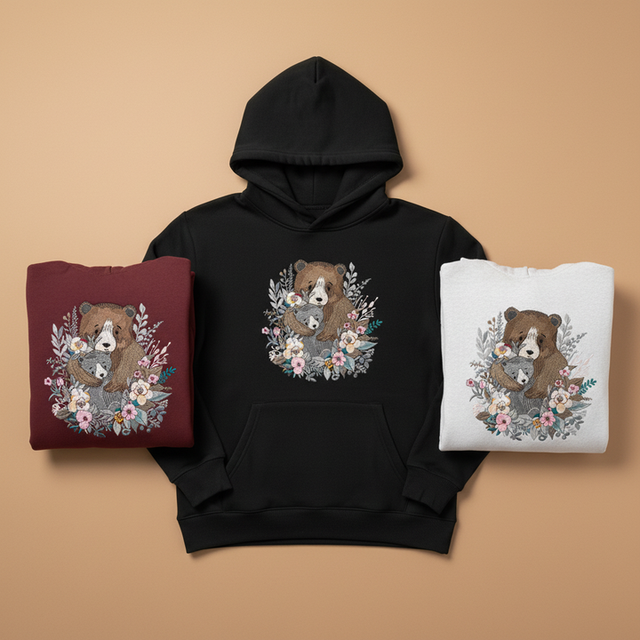 Mother &amp; Cub with Flowers — Premium Embroidered Hoodie | Original EmbroMania Design