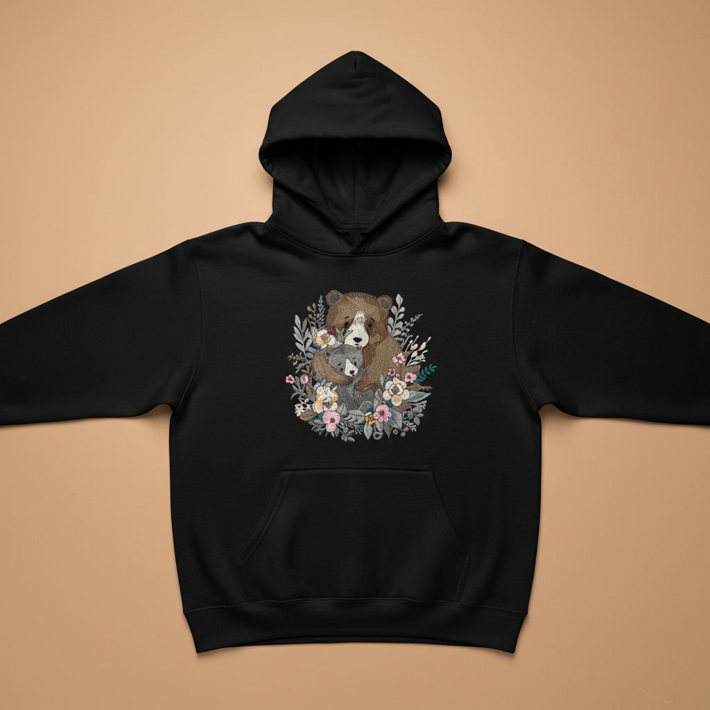 Mother &amp; Cub with Flowers — Premium Embroidered Hoodie | Original EmbroMania Design