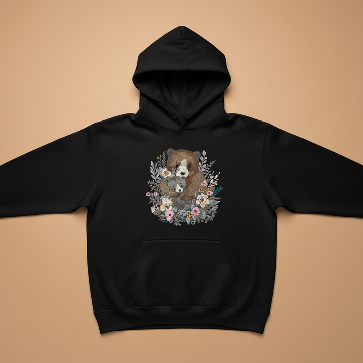 Mother &amp; Cub with Flowers — Premium Embroidered Hoodie | Original EmbroMania Design