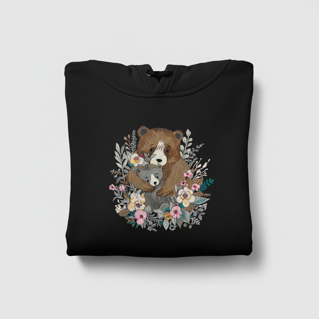 Mother &amp; Cub with Flowers — Premium Embroidered Hoodie | Original EmbroMania Design