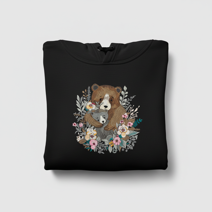 Mother &amp; Cub with Flowers — Premium Embroidered Hoodie | Original EmbroMania Design
