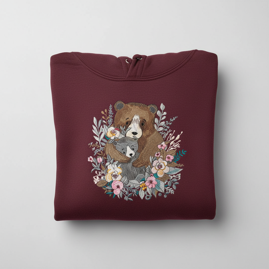 Mother &amp; Cub with Flowers — Premium Embroidered Hoodie | Original EmbroMania Design