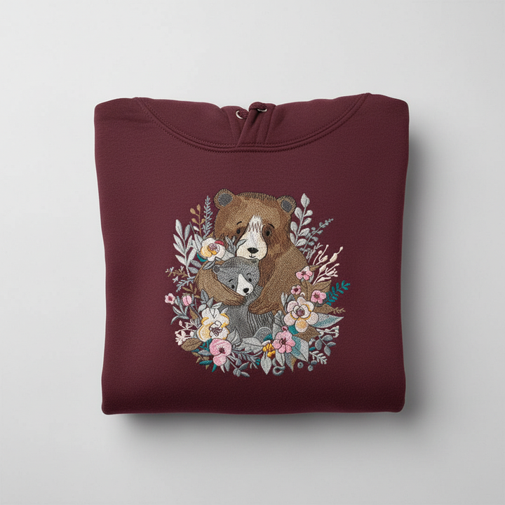 Mother &amp; Cub with Flowers — Premium Embroidered Hoodie | Original EmbroMania Design