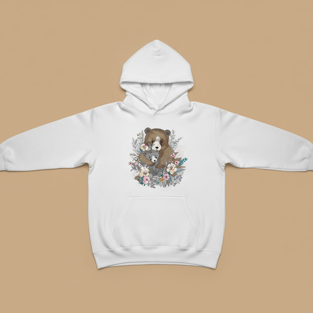 Mother &amp; Cub with Flowers — Premium Embroidered Hoodie | Original EmbroMania Design