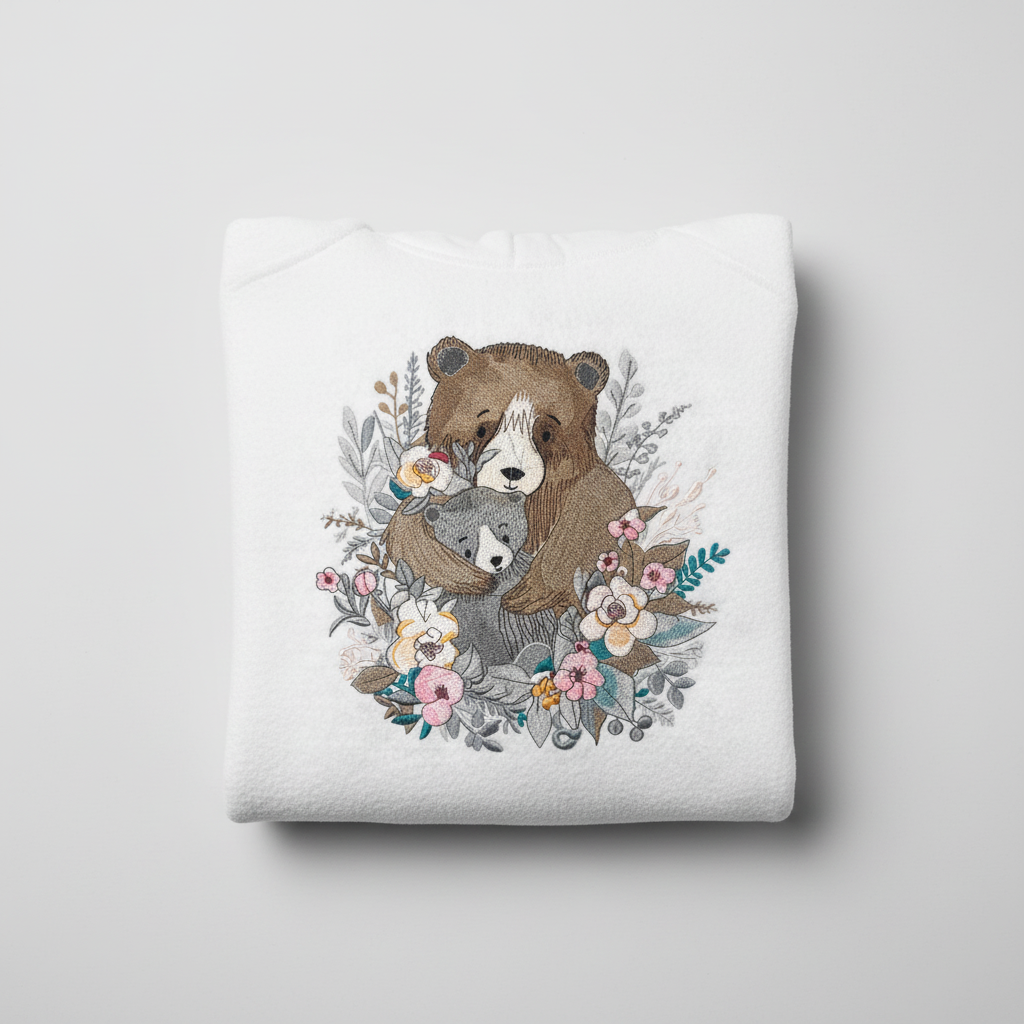 Mother &amp; Cub with Flowers — Premium Embroidered Hoodie | Original EmbroMania Design