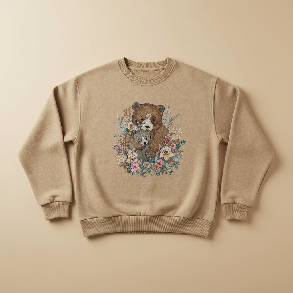 Mother Cub Floral Bear — Premium Embroidered Sweatshirt | Original EmbroMania Design