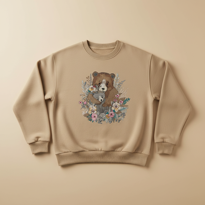 Mother Cub Floral Bear — Premium Embroidered Sweatshirt | Original EmbroMania Design