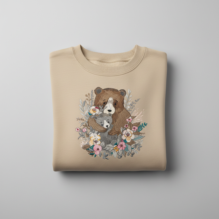 Mother Cub Floral Bear — Premium Embroidered Sweatshirt | Original EmbroMania Design
