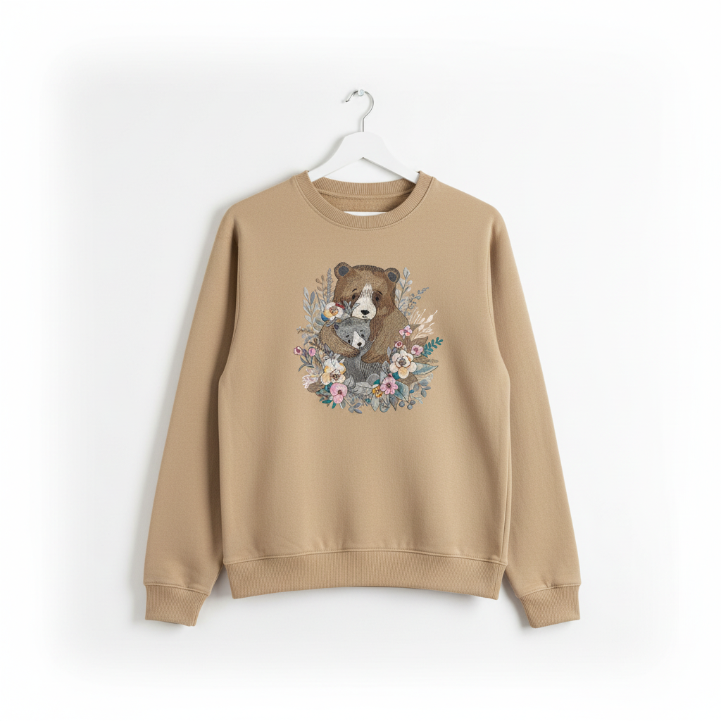 Mother Cub Floral Bear — Premium Embroidered Sweatshirt | Original EmbroMania Design