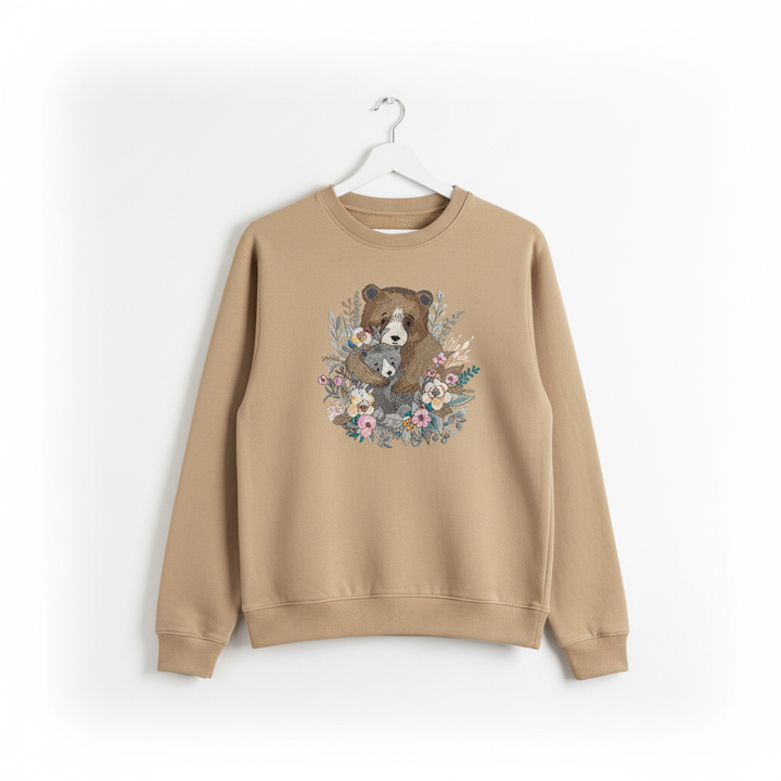 Mother Cub Floral Bear — Premium Embroidered Sweatshirt | Original EmbroMania Design