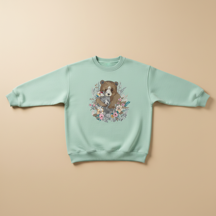 Mother Cub Floral Bear — Premium Embroidered Sweatshirt | Original EmbroMania Design